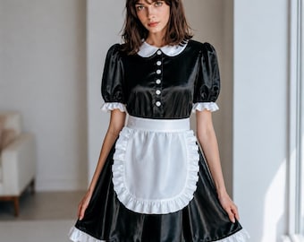 Black Satin French Sissy Maid Dress White Ruffle Apron Puff Sleeve Cosplay Vintage Uniform