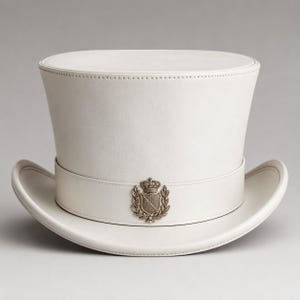 Op de afbeelding: Een witte hoge hoed met een platte bovenkant en een gebogen rand. De hoed heeft een brede band rond de basis en een metalen embleem aan de voorzijde, met een schild met een kroon erboven, omringd door decoratieve laurierbladeren en stiksels.