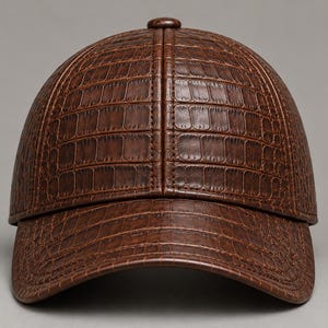 Pode incluir: Um boné de beisebol castanho com um padrão texturizado de pele de crocodilo em toda a superfície. O boné apresenta uma copa estruturada com uma costura vertical central e uma aba curva, tudo num tom castanho consistente com costuras.