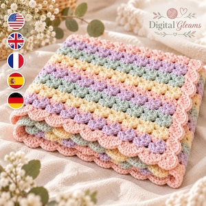 Häkelanleitung für eine Babydecke (PDF), Muschelmuster in Pastellfarben mit gewelltem Rand