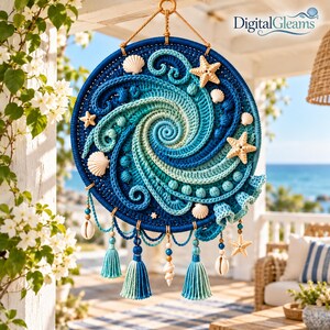 Crochet Wind Spinner Pattern PDF | Ocean Spiral Wall Hanging with Seashells & Starfish