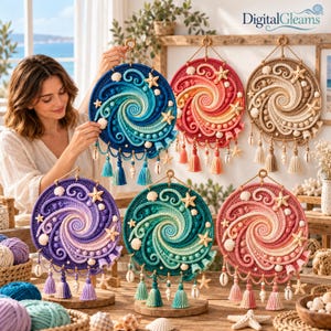 May include: A collection of six circular wall hangings featuring intricate crochet spiral patterns in blue, red, beige, purple, teal, and pink. Each piece is adorned with small seashells and starfish, finished with hanging tassels and beads.