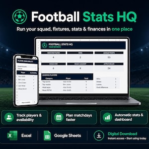 Könnte beinhalten: Ein Laptop und ein Smartphone zeigen das Football Stats HQ Dashboard mit Tabellen für gespielte Spiele, Siege, Ligapunkte, Tore und Spieler-Verfügbarkeit. Die Benutzeroberfläche enthält Text zur Spieler-Verfolgung, Spieltagsplanung und automatische Statistiken für Excel und Google Sheets.