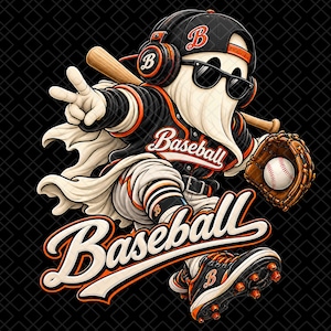 May include: A cartoon ghost wearing a black and orange baseball uniform, cap, and headphones, with sunglasses, holding a wooden bat and a baseball glove with a ball. The word Baseball is written in large script text across the front.