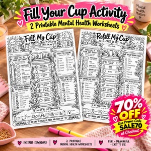 Op de afbeelding: Twee printbare werkbladen voor geestelijke gezondheid getiteld Fill My Cup en Refill My Cup. De zwart-witpagina's bevatten illustraties van bekers, zonnen, manen en bloemen, met selectievakjes voor dagelijkse check-ins en stemmingsregistratie.