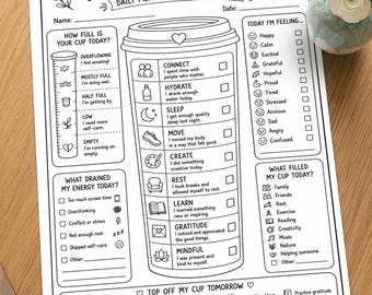 May include: A black and white daily mental wellness check-in sheet titled Fill Your Cup. The printable features a large coffee cup graphic with checkboxes for daily habits like connect, hydrate, sleep, move, create, rest, learn, gratitude, and mindful.