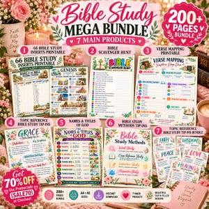 May include: A Bible Study Mega Bundle featuring 200+ pages across 7 main products including printable inserts, a scavenger hunt, verse mapping, and tip-ins. The collection displays floral designs, colorful text, and religious graphics.