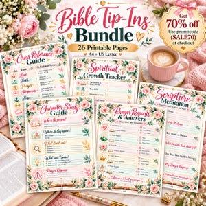 May include: A bundle of 26 printable Bible tip-in pages featuring floral borders and headers including Cross Reference Guide, Spiritual Growth Tracker, Character Study Guide, Prayer Requests & Answers, and Scripture Meditation with A4 and US Letter sizes.