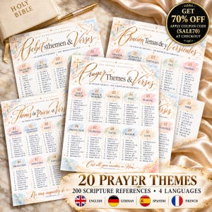 May include: A collection of printed prayer theme and scripture reference sheets in English, German, Spanish, and French. Each sheet features gold calligraphy, watercolor accents, a dove illustration, and a list of twenty themes with ten verses each.