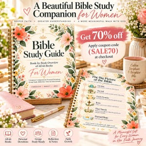 May include: A spiral-bound Bible study guide with a floral cover featuring the text Bible Study Guide Book-by-Book Overview of All 66 Books For Women. An open page displays The Big Picture of the Bible with six numbered steps.