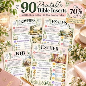 May include: A collection of 90 printable Bible inserts featuring 66 Bible book guides and 24 reading helps. The pages display titles like Proverbs, Psalms, Job, and Esther with floral illustrations, numbered sections, and descriptive text.