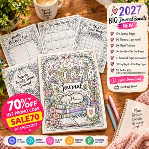 May include: A 2027 journal bundle featuring a central journal with a sleeping cat illustration, surrounded by various planner pages including a birthday tracker and goal bingo. The set includes text details like 194 journal pages and A5 and A4 sizes.