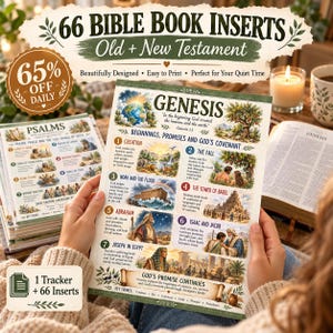 Könnte beinhalten: Ein Set aus 66 Bibeleinlagen für das Alte und Neue Testament. Das Hauptblatt zeigt den Titel Genesis, gefolgt von nummerierten Abschnitten, die biblische Ereignisse wie die Schöpfung, den Sündenfall, Noah, Babel, Abraham und Joseph beschreiben.