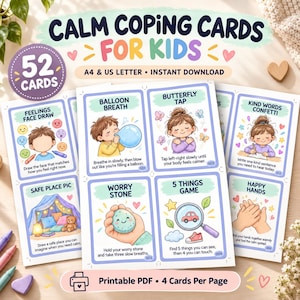 52 Calming Strategy Cards for Kids, Coping Skills & Self-Regulation Cards, Mindfulness Printable PDF A4+US Letter Pack