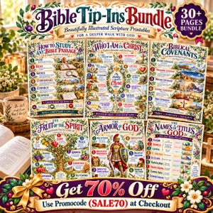Pode incluir: Um pacote de encartes bíblicos com mais de 30 páginas ilustradas imprimíveis. A coleção inclui folhas intituladas How to Study Any Bible Passage, Who I Am in Christ, Biblical Covenants, The Fruit of the Spirit, The Armor of God e The Names of Titles of God, todas decoradas com bordas florais.
