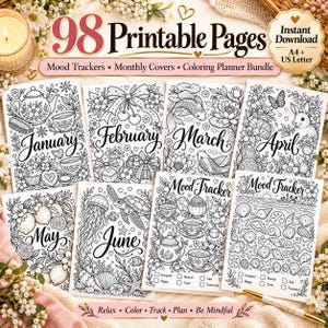 May include: A collection of 98 printable pages featuring monthly planner covers and mood trackers. The black and white designs include illustrations of teapots, flowers, sea life, and rabbits, with text for each month from January to June.
