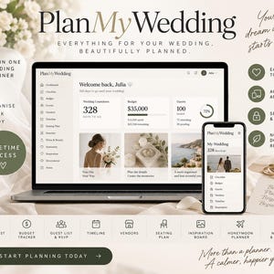 Peut inclure: Une plateforme numérique de planification de mariage affichée sur un écran d'ordinateur portable et de smartphone. L'interface présente un tableau de bord avec un compte à rebours, un budget et une liste d'invités. Texte : PlanMyWedding.