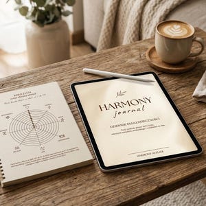 May include: A spiral-bound notebook with a life wheel diagram and a tablet displaying the text Harmony Journal, Dziennik Dlugowiecznosci, and Harmony Atelier. A white stylus rests on the tablet screen, which features a beige background.