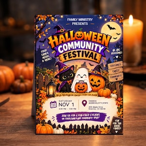 Puede incluir: Un folleto rectangular del Festival Comunitario de Halloween con un gato negro y un fantasma con sombreros de bruja, rodeados de calabazas, hojas de otoño y una luna llena. El texto incluye detalles del evento, fecha, hora y ubicación.