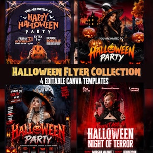 Könnte beinhalten: Eine Sammlung von vier bearbeitbaren Halloween-Party-Flyervorlagen mit dunklen, gruseligen Themen mit Kürbissen, Hexen und gotischer Architektur. Der Text enthält Happy Halloween Party, Halloween Night of Terror und verschiedene Veranstaltungsdetails.