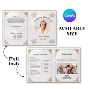 Puede incluir: Una plantilla de programa funerario con fondo blanco y bordes florales dorados. El diseño incluye secciones para obituario, portadores, orden del servicio y fotos. El texto indica un tamaño de 17x11 pulgadas e incluye el logotipo de Canva.