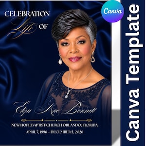 Puede incluir: Una plantilla de programa funerario con el retrato de una persona de pelo corto oscuro, con un vestido azul oscuro adornado y pendientes. El texto dice: CELEBRATION OF LIFE OF Eliza Mae Bennett, NEW HOPE BAPTIST CHURCH ORLANDO, FLORIDA, APRIL 7, 1996 – DECEMBER 5, 2026.