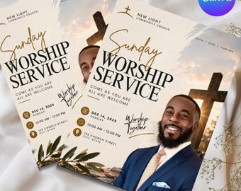 Sjabloon voor een flyer voor de zondagse kerkdienst, bewerkbare Canva-flyer voor kerken, printbare uitnodiging voor een kerkelijk evenement, direct te downloaden A4-flyer voor kerkdiensten