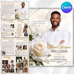 Puede incluir: Una plantilla de programa funerario con el retrato de un hombre con camisa blanca, una gran rosa blanca y texto dorado que dice Celebrating the Life of David Morgan Williams, 12 de enero de 1978 - 10 de marzo de 2025, Grace Memorial Church.