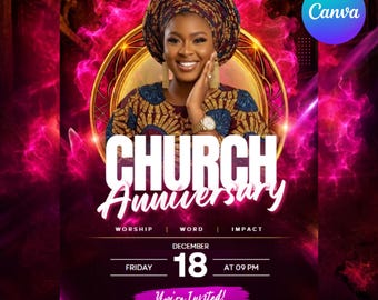 May include: A church anniversary event flyer featuring a person in a patterned headwrap and top, set against a vibrant pink smoke background. Text includes CHURCH Anniversary, WORSHIP WORD IMPACT, DECEMBER 18 FRIDAY AT 09 PM, and You're Invited.