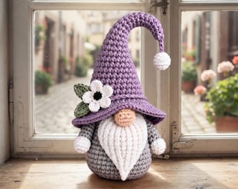Crochet Witch Gnome Pattern | Lavender Mooncap Amigurumi Gnome PDF | Purple Witch Hat Gnome with Flower | Digital Download Crochet Pattern