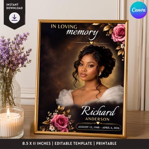Puede incluir: Una plantilla de retrato conmemorativo en un marco dorado con el texto IN LOVING MEMORY, el nombre Richard Anderson y las fechas 12 de agosto de 1948 – 6 de abril de 2026. El diseño incluye la foto de una persona, rosas rosas y hojas doradas.