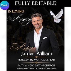 Può includere: Un modello di programma funebre con un uomo in abito nero e camicia bianca, con il testo IN LOVING MEMORY, Robert James William, February 18, 1950 – July 21, 2026, e Faith & Hope Baptist Church, 725 Oakwood Drive, Atlanta, Georgia 30318.