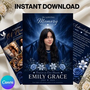 May include: A funeral programme template featuring a dark blue background with a bridge, floral accents, and the text "IN LOVING MEMORY," "FOREVER IN OUR HEARTS," "EMILY GRACE," "2002-2024," and "Your light will always shine in our memories."