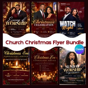 May include: A digital bundle of six church event flyers featuring themes for Evening of Worship, Christmas Celebration, Watch Night, and Christmas Eve Candlelight services, with gold text on dark red and black backgrounds.