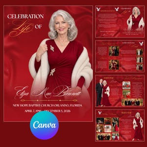 Puede incluir: Una plantilla de programa funerario con fondo de satén rojo intenso. El frente muestra el retrato de una mujer con vestido rojo y chal blanco, con el texto Celebration of Life of Eliza Mae Bennett, New Hope Baptist Church Orlando, Florida.