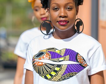 Lippen T-Shirt - African Print T-Shirt - Lila Gold Metallic - BOXY T- Shirt - Cropped Length T- Shirt - T-Shirt - Afrocentric805