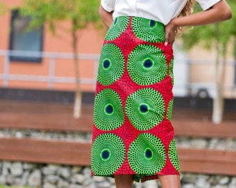 Skirts - Pencil Skirt - African Print Skirt - Ankara Pencil Skirt - RED GREEN CIRCLE -  Afrocentric805