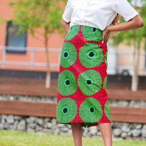 Skirts Pencil Skirt African Print Skirt Ankara Pencil Skirt RED GREEN CIRCLE Afrocentric805 image 1