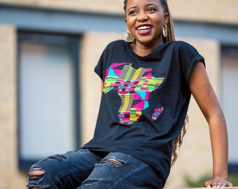 T-Shirt - African Map T-Shirt - African T-Shirt - BLACK T-shirt - Pink Kente Print T-Shirt - Afrocentric805
