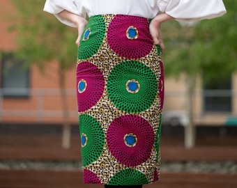 Skirts - Pencil Skirt - African Print Skirt - Ankara Pencil Skirt - PINK GREEN CIRCLE -  Afrocentric805