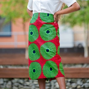 Skirts Pencil Skirt African Print Skirt Ankara Pencil Skirt RED GREEN CIRCLE Afrocentric805 image 2