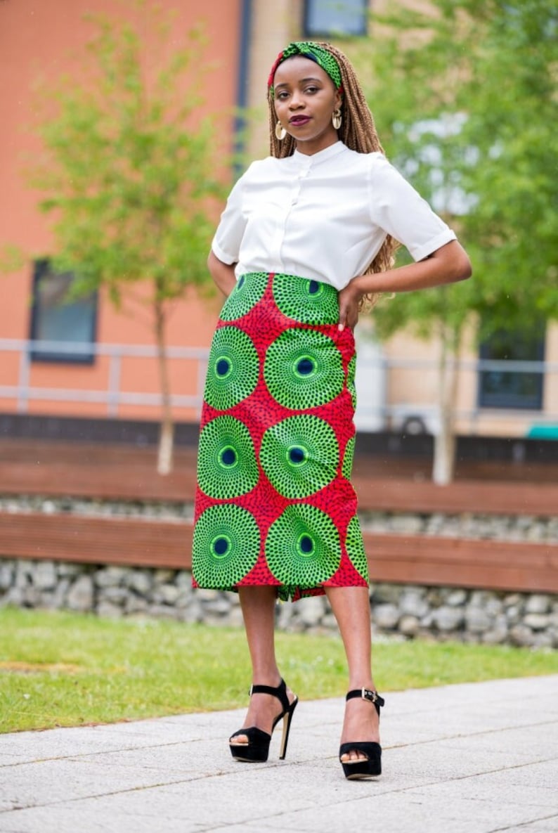 Skirts Pencil Skirt African Print Skirt Ankara Pencil Skirt RED GREEN CIRCLE Afrocentric805 image 1