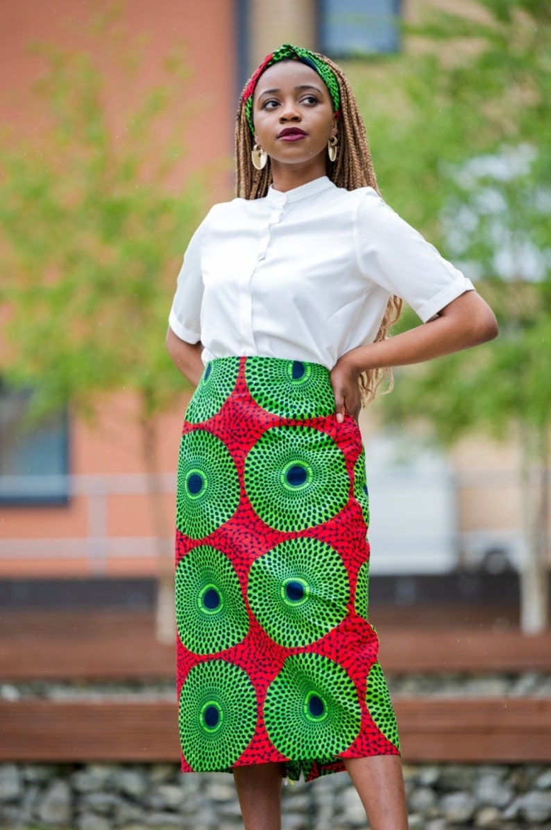 Skirts Pencil Skirt African Print Skirt Ankara Pencil Skirt RED GREEN CIRCLE Afrocentric805 image 2