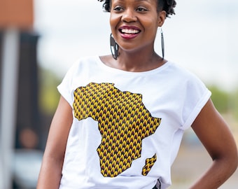 LADIES - T-Shirt - African Map T-Shirt - WEIß - Schwarz Gold Print - Afrikanisches T-Shirt - Afrocentric805