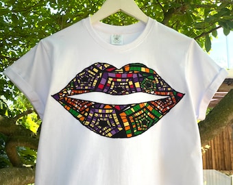 Lips T-Shirt - African Print T-Shirt - Mosaic Print - BOXY T-Shirt - Cropped Length - T-Shirt - Afrocentric805