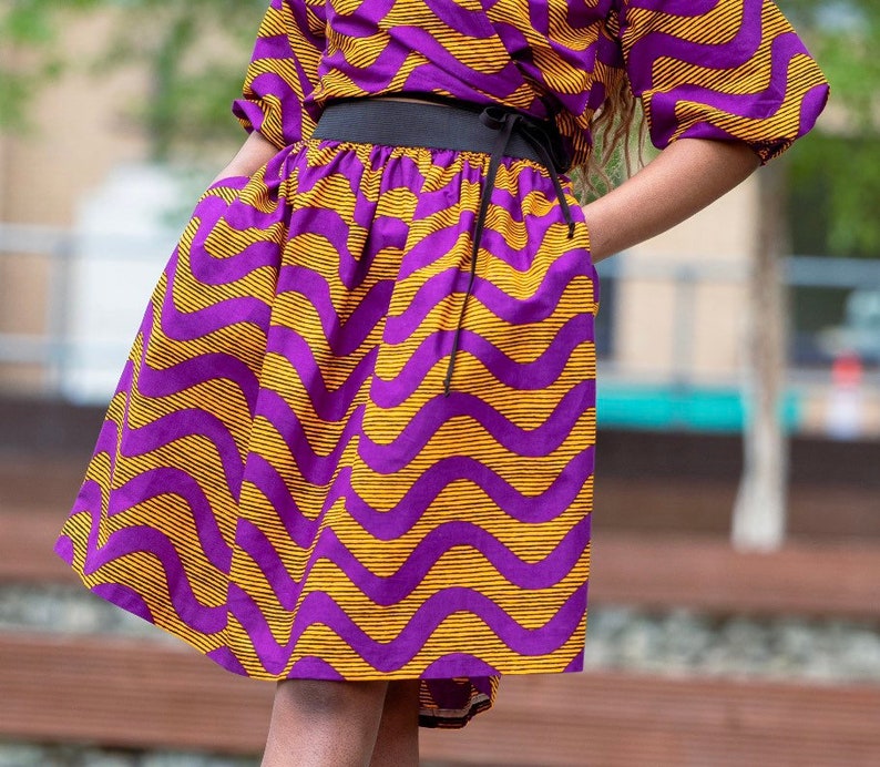 SKIRTS Elasticated Waist Skirt African Print Skirt Skater Skirt Purple Waves With POCKETS Afrocentric805 image 1