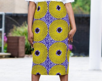 Skirts - Pencil Skirt - African Print Skirt - Ankara Pencil Skirt - YELLOW PURPLE CIRCLE -  Afrocentric805