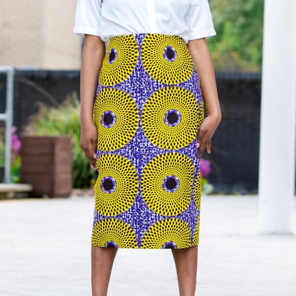 Skirts - Pencil Skirt - African Print Skirt - Ankara Pencil Skirt - YELLOW PURPLE CIRCLE -  Afrocentric805