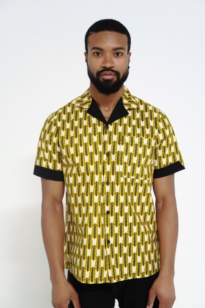 Image of Mens Shirts - Chamu African Print Shirt Contrast Collar & Cuff Corn Ankara Clothing By Afrocentric805