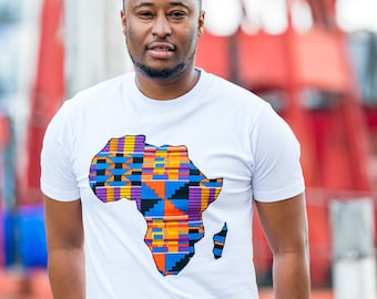 MENS - African Map T-Shirt - BLUE Kente Print - WHITE - Kente T-Shirt - T- Shirt - Menswear - Afrocentric805ric805